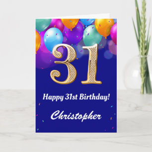 31st Birthday Navy Blue and Gold Colorful Balloons Card