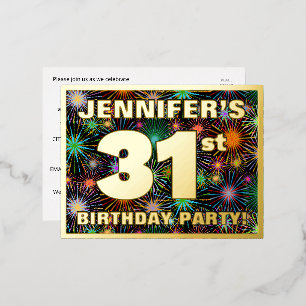 31st Birthday Party: Bold, Colorful Fireworks Look Foil Invitation Postcard
