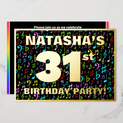 31st Birthday Party â Fun Colorful Music Symbols Foil Invitation