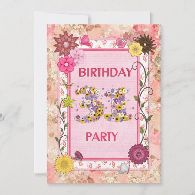 31st birthday party invitation with floral frame (Front)