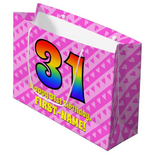 31st Birthday Pink Stripes  Hearts Rainbow  31 Large Gift Bag