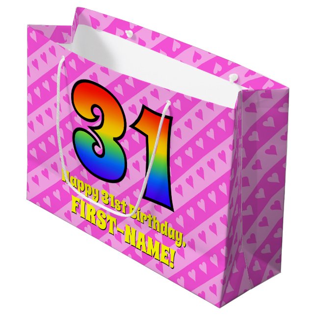 31st Birthday: Pink Stripes & Hearts, Rainbow # 31 Large Gift Bag (Front Angled)