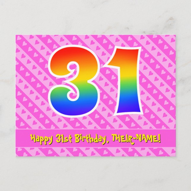 31st Birthday: Pink Stripes & Hearts, Rainbow 31 Postcard (Front)