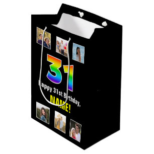 31st Birthday: Rainbow “31“, Custom Photos & Name Medium Gift Bag