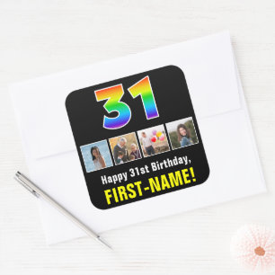 31st Birthday: Rainbow “31”; Custom Photos & Name Square Sticker