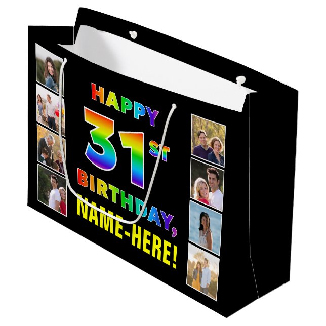 31st Birthday: Rainbow Text, Custom Photos & Name Large Gift Bag (Front Angled)