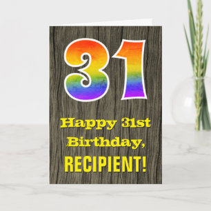 31st Birthday: Rustic Faux Wood Look, Rainbow "31" Card
