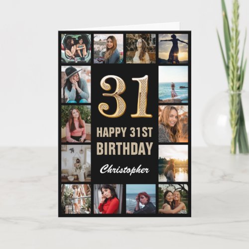 31st Happy Birthday Black and Gold Photo Collage Card