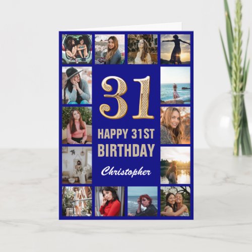 31st Happy Birthday Navy Blue  Gold Photo Collage Card