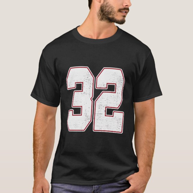 32 Outline Number 32 Varsity Fan Sports Team Black T-Shirt (Front)
