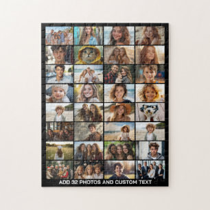 32 Photo Collage - Custom Text - Black Jigsaw Puzzle