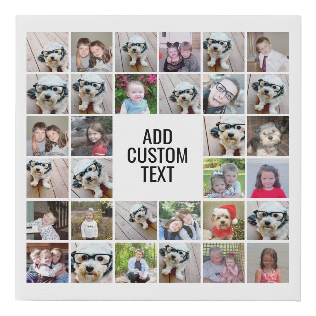 32 Photo Collage Modern Square Black - White Text Faux Canvas Print (Front)