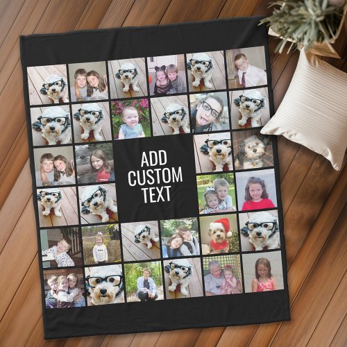 32 Photo Collage Modern Square Black _ White Text Fleece Blanket