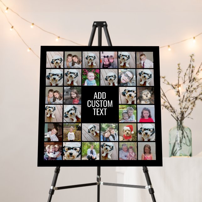 32 Photo Collage Modern Square Black - White Text Foam Board (In Situ (Stand))