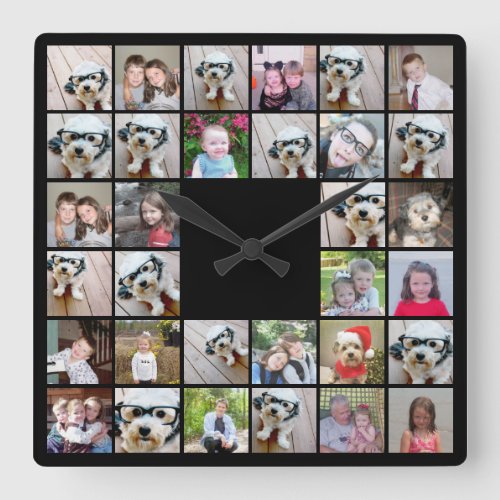 32 Photo Collage Modern Square Layout Black Square Wall Clock