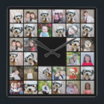 32 Photo Collage Modern Square Layout Black Wall Clock<br><div class="desc">Use cropped photos for the best results! Upload square photos from your phone or even Instagram to make a striking custom look for your home. You can use photos of friends or pets and then match your own decor by changing the color. Use color or black and white photos -...</div>