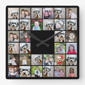 32 Photo Collage Modern Square Layout Black Wall Clock