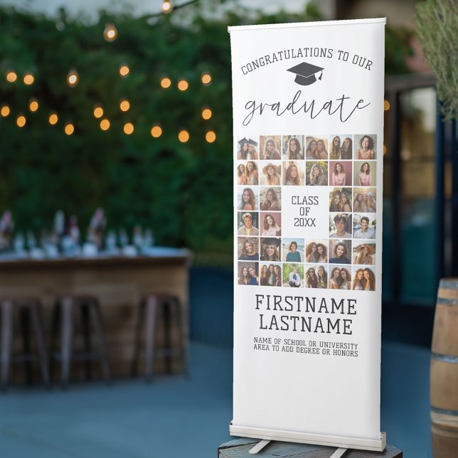32 Photo - Graduation Modern Minimal White Retractable Banner (Custom Graduation Banner Stand - Photo Collage with Modern Black and White Design)