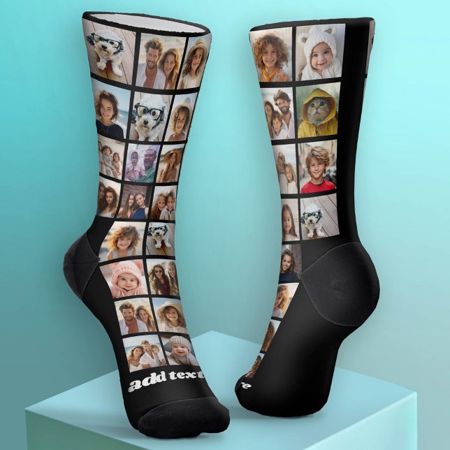 32 Photos - pic grid all over with one line text Socks (Custom Socks - Add Your Photo Collage)