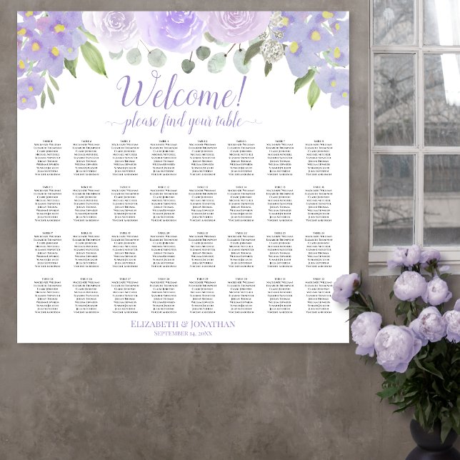32 Table Light Purple Floral Wedding Seating Chart (In Situ on Wall with Flowers)