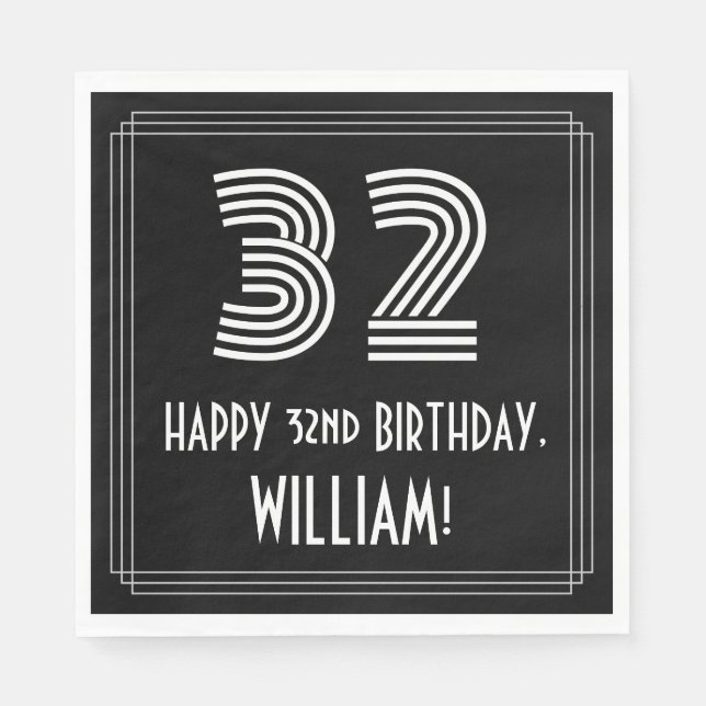 32nd Birthday: Art Deco Inspired Look "32" + Name Napkins (Front)