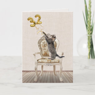 32nd Birthday Balloons and Tabby Cat Card