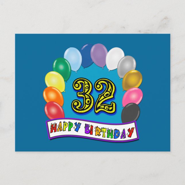 32nd Birthday Balloons Gifts Postcard (Front)