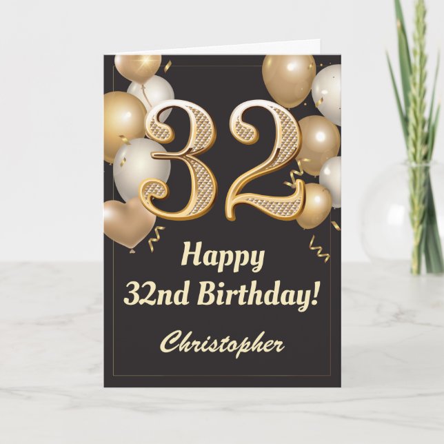 32nd Birthday Black and Gold Balloons Confetti Card (Front)