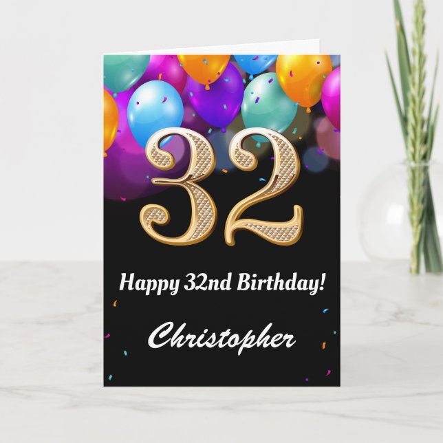 32nd Birthday Black and Gold Colorful Balloons Card (Front)