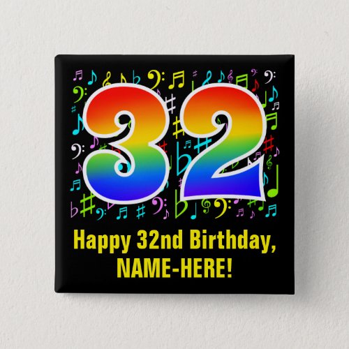 32nd Birthday Colorful Music Symbols Rainbow 32 Button