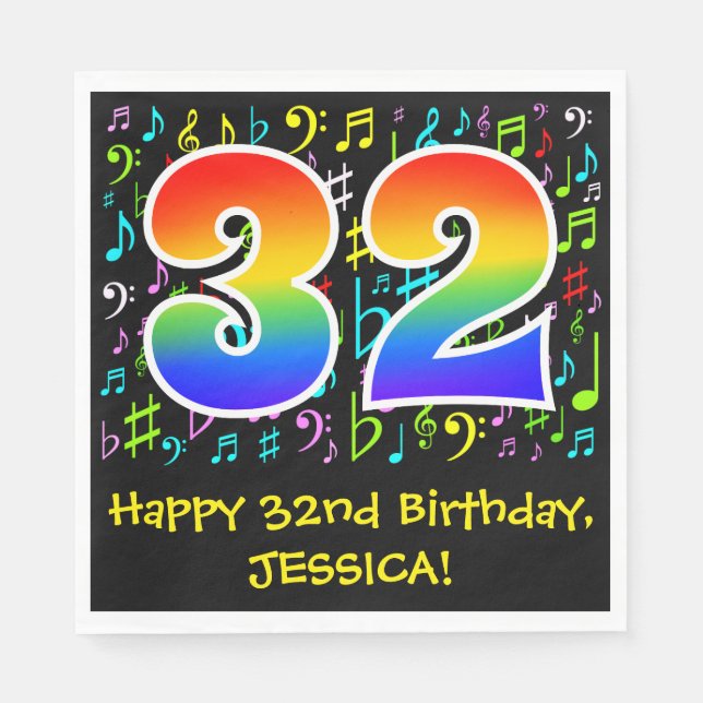 32nd Birthday - Colorful Music Symbols, Rainbow 32 Napkins (Front)