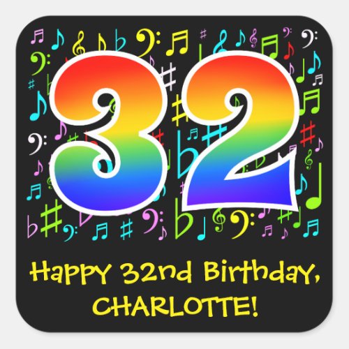 32nd Birthday Colorful Music Symbols Rainbow 32 Square Sticker