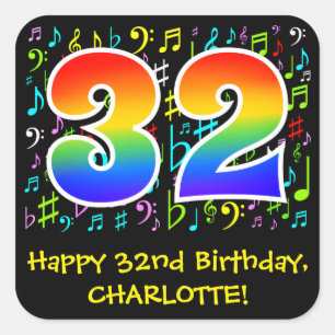 32nd Birthday: Colorful Music Symbols, Rainbow 32 Square Sticker