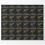 [ Thumbnail: 32nd Birthday: Elegant, Black, Faux Gold Look Wrapping Paper ]