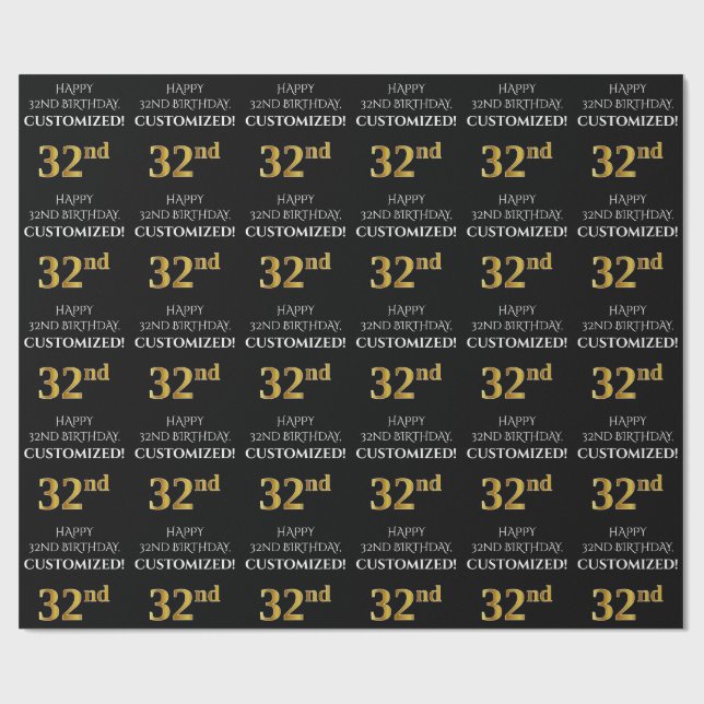 32nd Birthday: Elegant, Black, Faux Gold Look Wrapping Paper (Flat)