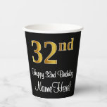 [ Thumbnail: 32nd Birthday - Elegant Luxurious Faux Gold Look # Paper Cups ]