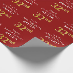 32nd Birthday: Elegant, Red, Faux Gold Look Wrapping Paper
