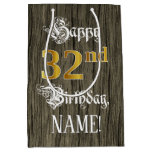 [ Thumbnail: 32nd Birthday: Faux Gold Look & Faux Wood Pattern Gift Bag ]