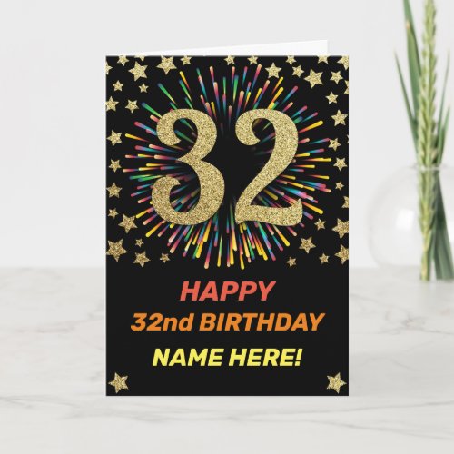 32nd Birthday Fireworks Rainbow Gold Fun Card