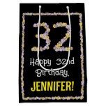 [ Thumbnail: 32nd Birthday: Floral Flowers Number, Custom Name Gift Bag ]