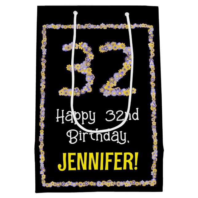 32nd Birthday: Floral Flowers Number, Custom Name Medium Gift Bag (Back)