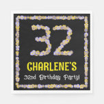[ Thumbnail: 32nd Birthday: Floral Flowers Number, Custom Name Napkins ]
