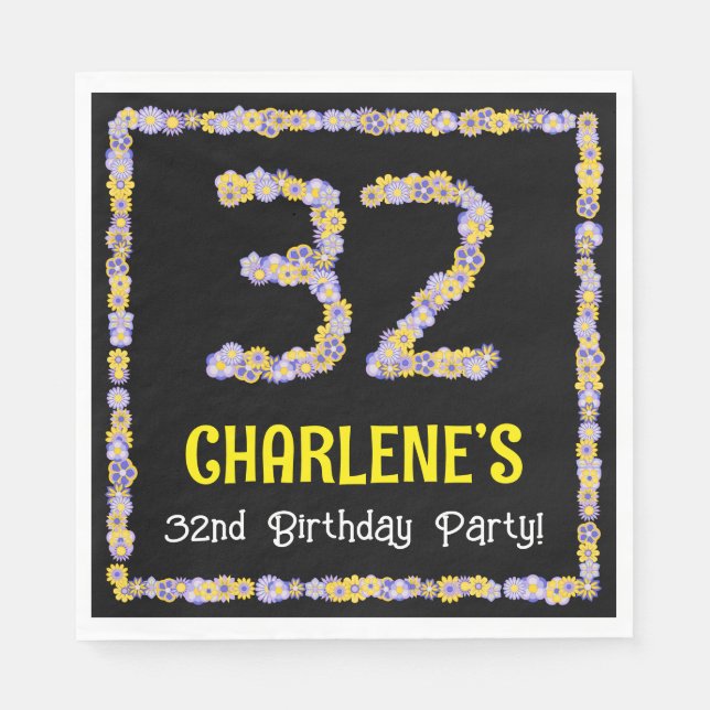 32nd Birthday: Floral Flowers Number, Custom Name Napkins (Front)