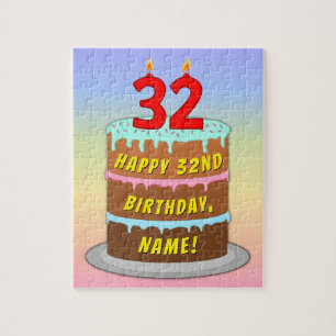 32nd Birthday: Fun Cake and Candles + Custom Name Jigsaw Puzzle