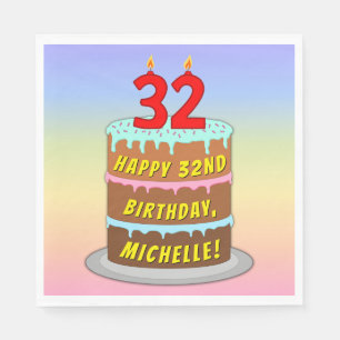 32nd Birthday: Fun Cake and Candles + Custom Name Napkins