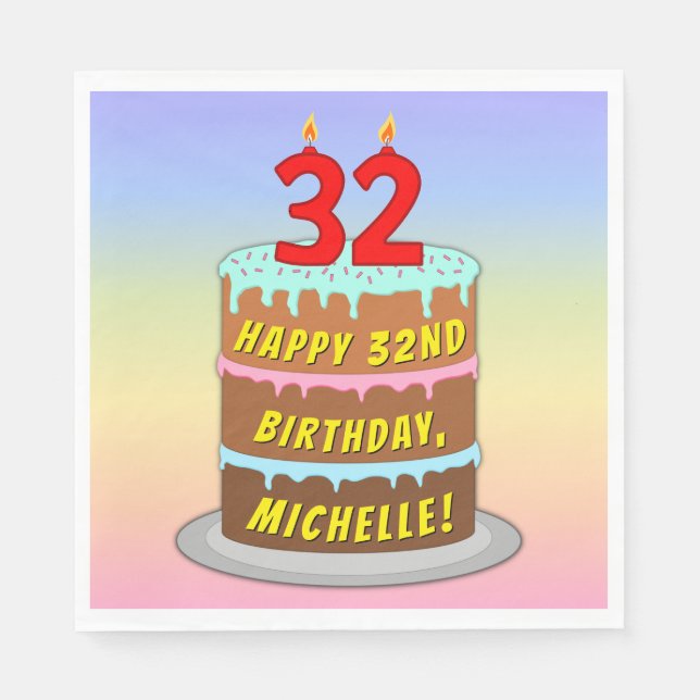 32nd Birthday: Fun Cake and Candles + Custom Name Napkins (Front)