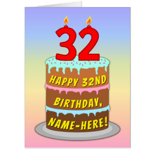 32nd Birthday: Fun Cake & Candles, w/ Custom Name Card