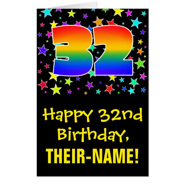32nd Birthday: Fun, Colorful Stars + Rainbow # 32 Card (Front)