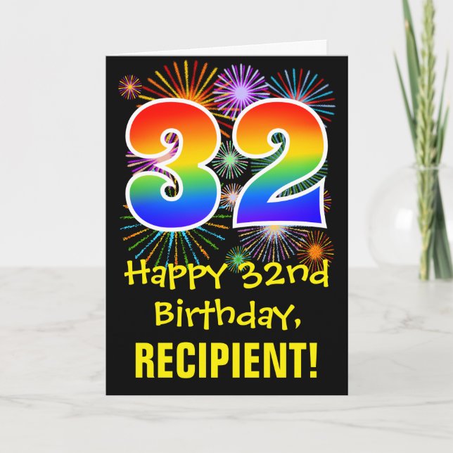 32nd Birthday: Fun Fireworks Pattern + Rainbow 32 Card (Front)