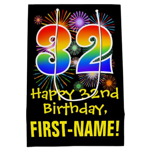 32nd Birthday Fun Fireworks Pattern  Rainbow 32 Medium Gift Bag